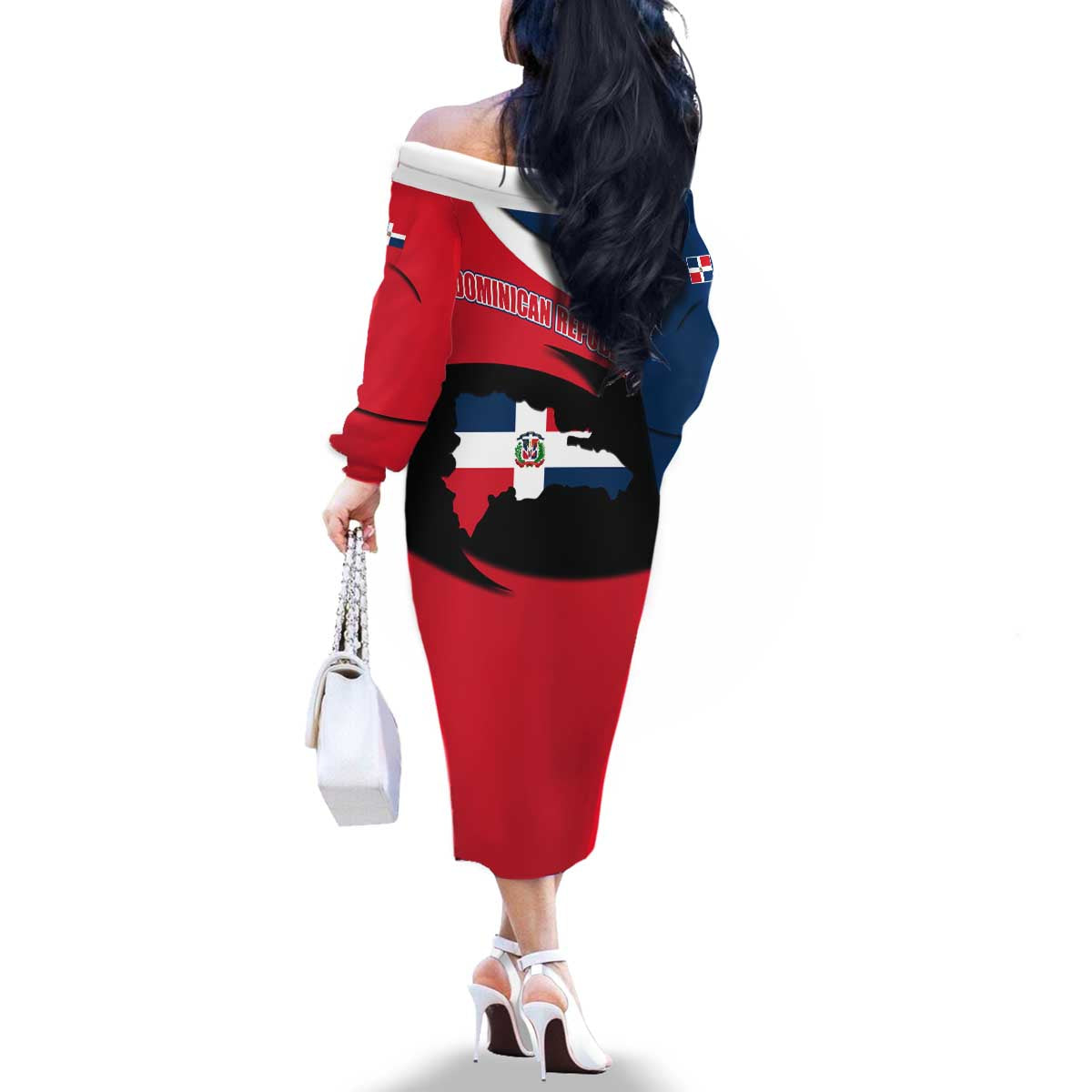 Dominican Republic Flag Family Matching Off The Shoulder Long Sleeve Dress and Hawaiian Shirt with Map National Coat of Arms Island Silhouette - Wonder Print Shop