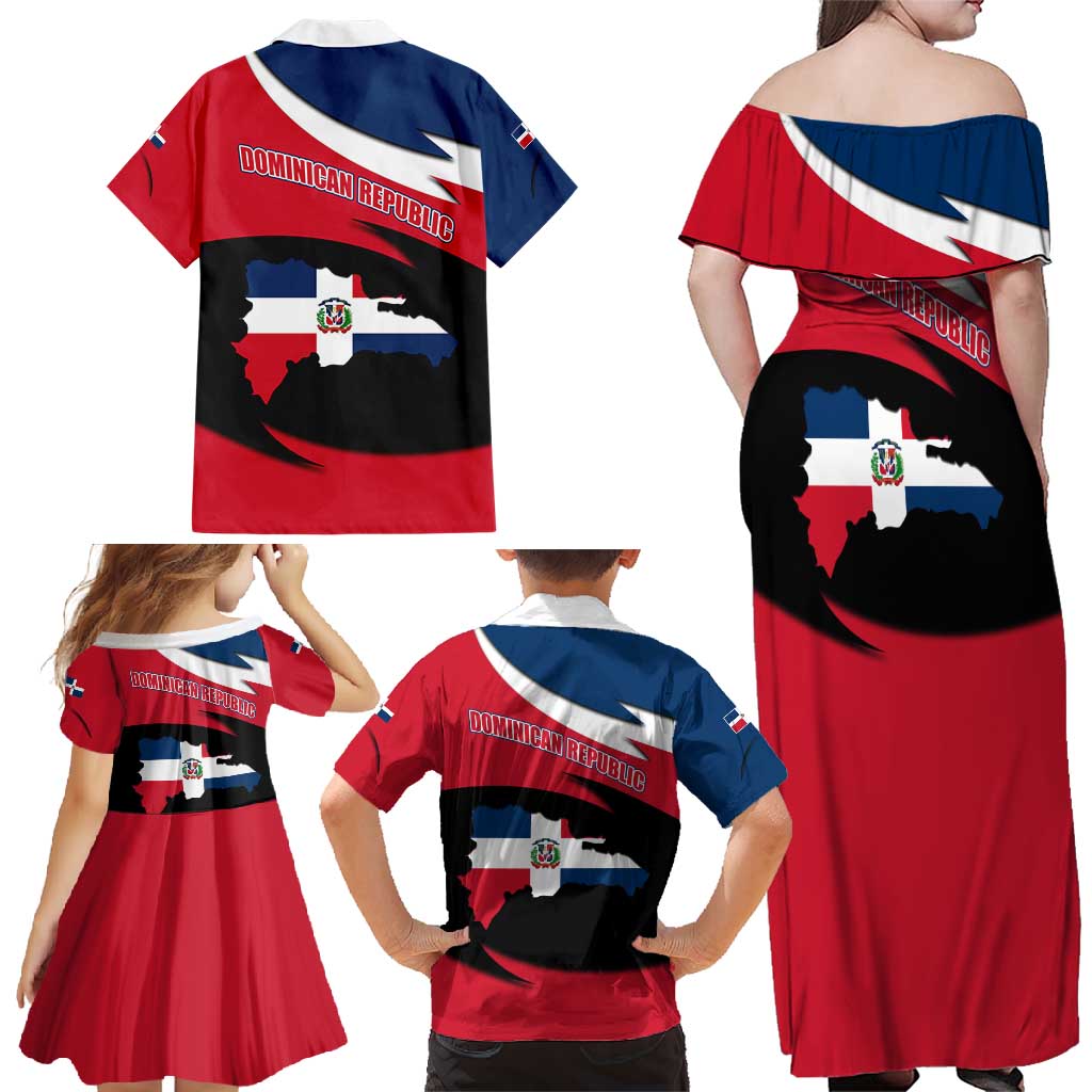 Dominican Republic Flag Family Matching Off Shoulder Maxi Dress and Hawaiian Shirt with Map National Coat of Arms Island Silhouette - Wonder Print Shop