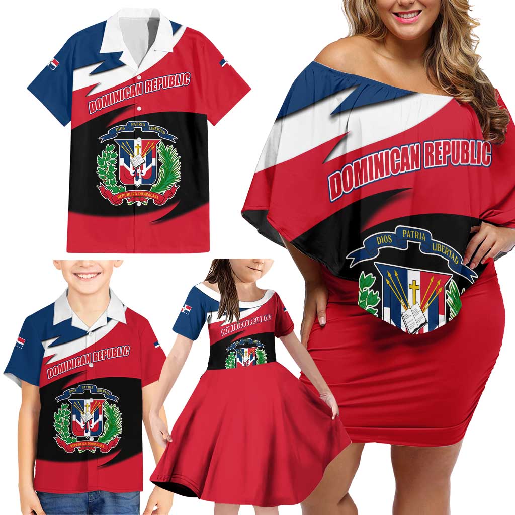 Dominican Republic Flag Family Matching Off Shoulder Short Dress and Hawaiian Shirt with Map National Coat of Arms Island Silhouette - Wonder Print Shop