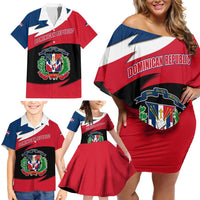 Dominican Republic Flag Family Matching Off Shoulder Short Dress and Hawaiian Shirt with Map National Coat of Arms Island Silhouette - Wonder Print Shop