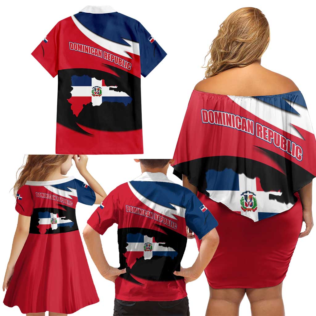Dominican Republic Flag Family Matching Off Shoulder Short Dress and Hawaiian Shirt with Map National Coat of Arms Island Silhouette - Wonder Print Shop