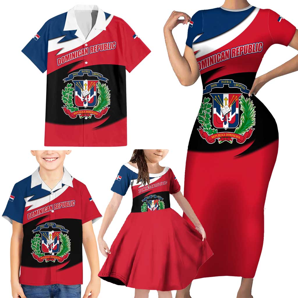 Dominican Republic Flag Family Matching Short Sleeve Bodycon Dress and Hawaiian Shirt with Map National Coat of Arms Island Silhouette - Wonder Print Shop