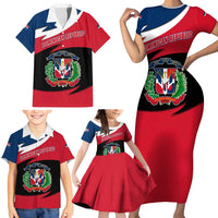 Dominican Republic Flag Family Matching Short Sleeve Bodycon Dress and Hawaiian Shirt with Map National Coat of Arms Island Silhouette - Wonder Print Shop