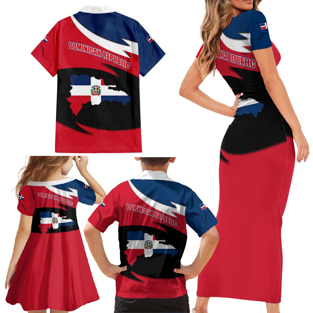 Dominican Republic Flag Family Matching Short Sleeve Bodycon Dress and Hawaiian Shirt with Map National Coat of Arms Island Silhouette - Wonder Print Shop