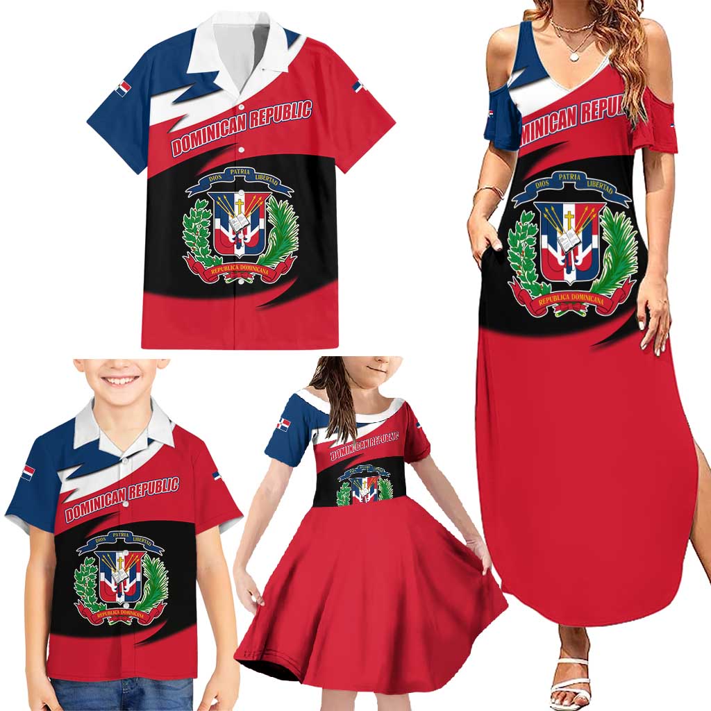 Dominican Republic Flag Family Matching Summer Maxi Dress and Hawaiian Shirt with Map National Coat of Arms Island Silhouette - Wonder Print Shop