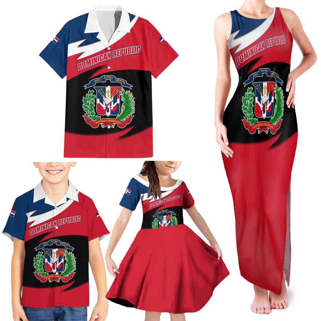 Dominican Republic Flag Family Matching Tank Maxi Dress and Hawaiian Shirt with Map National Coat of Arms Island Silhouette - Wonder Print Shop