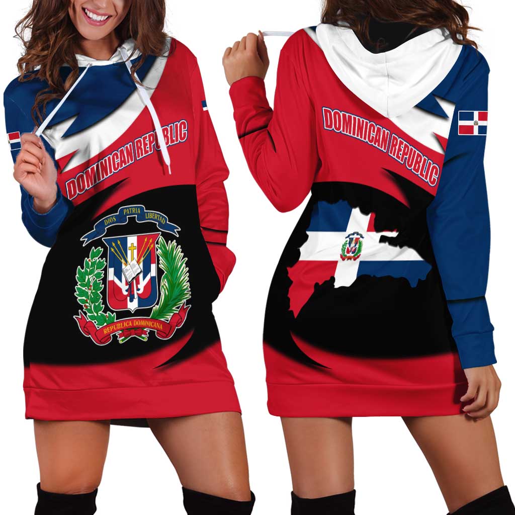 Dominican Republic Flag Hoodie Dress with Map National Coat of Arms Island Silhouette - Wonder Print Shop