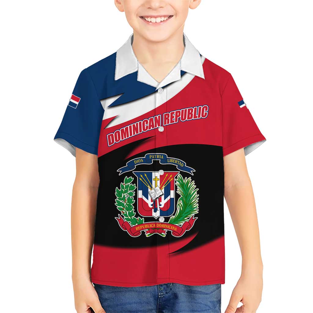 Dominican Republic Flag Kid Hawaiian Shirt with Map National Coat of Arms Island Silhouette - Wonder Print Shop