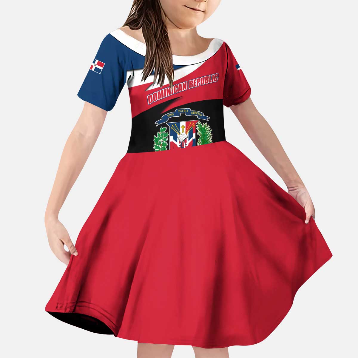Dominican Republic Flag Kid Short Sleeve Dress with Map National Coat of Arms Island Silhouette - Wonder Print Shop