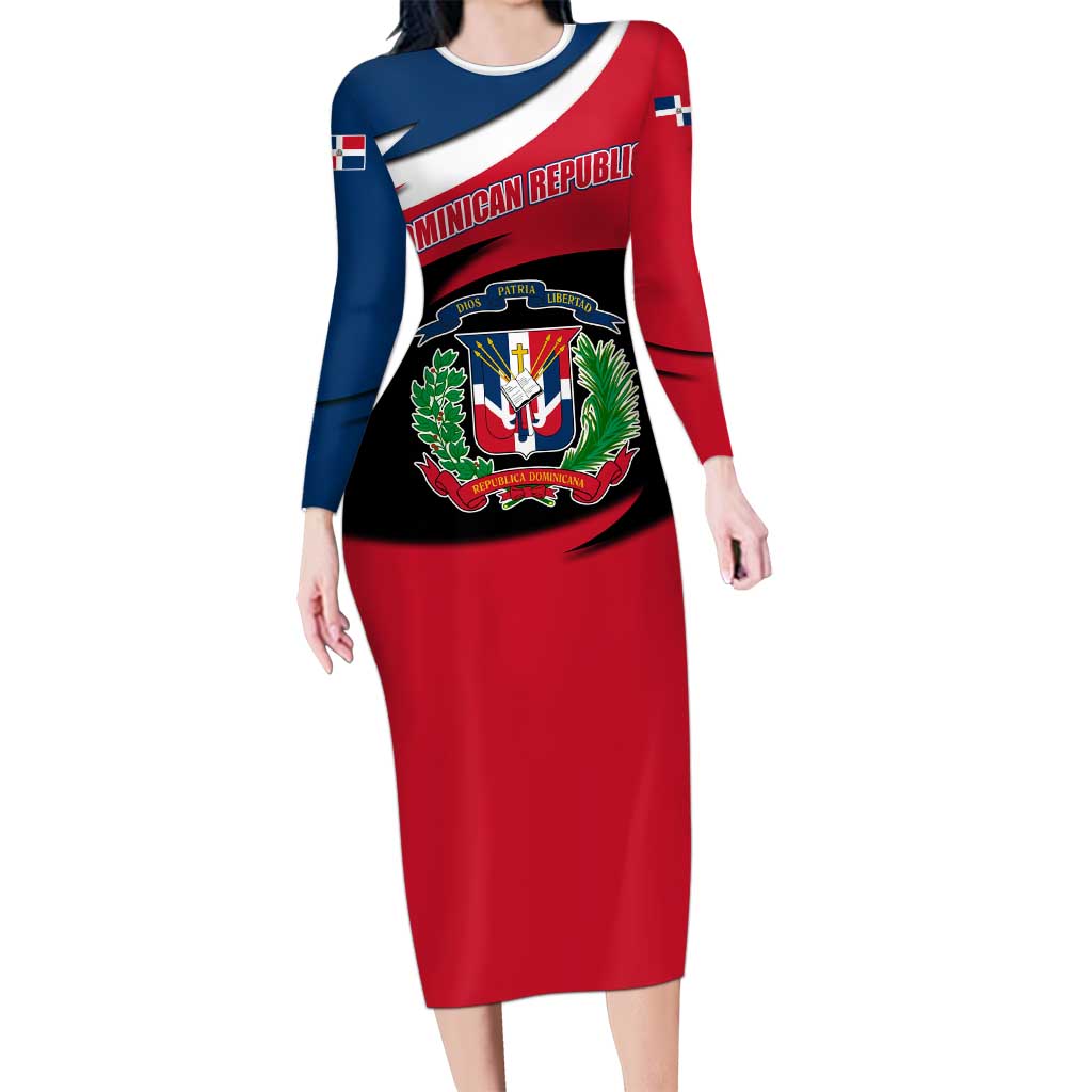 Dominican Republic Flag Long Sleeve Bodycon Dress with Map National Coat of Arms Island Silhouette - Wonder Print Shop