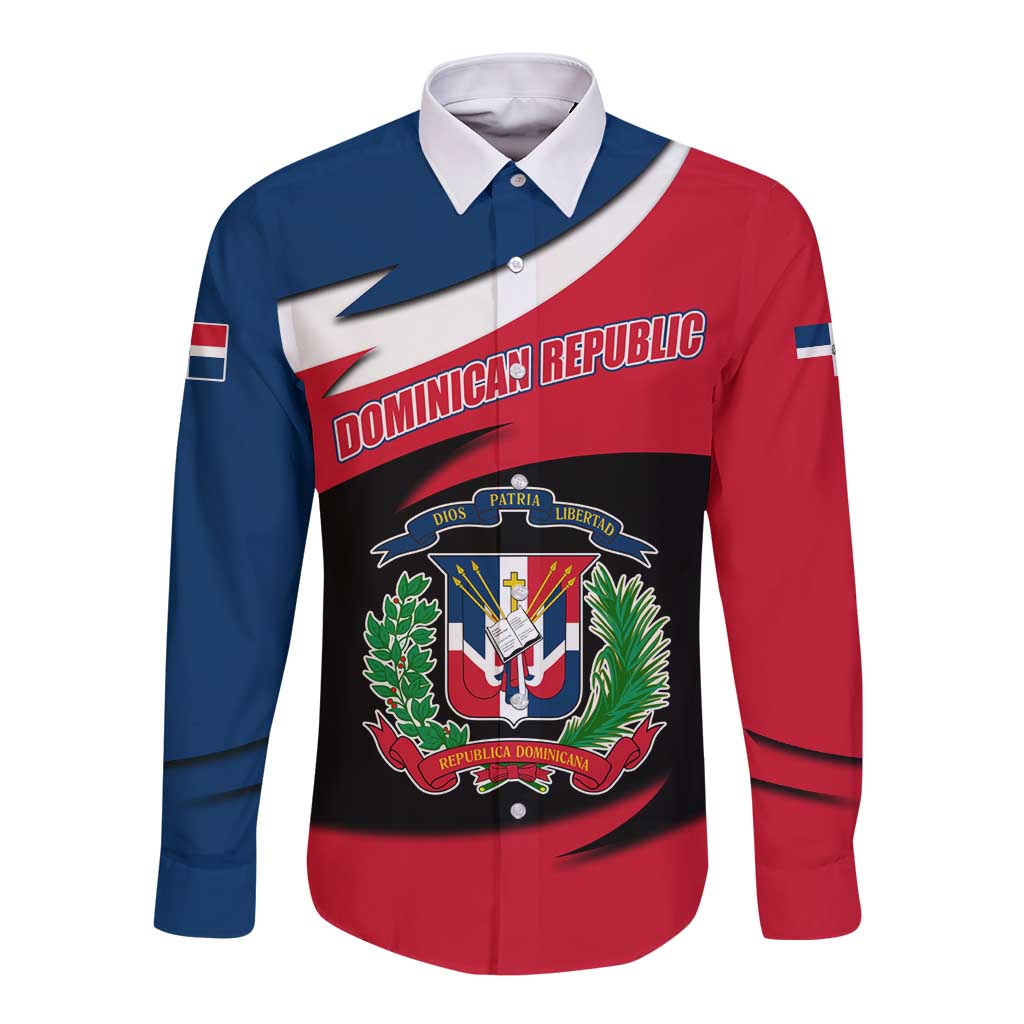 Dominican Republic Flag Long Sleeve Button Shirt with Map National Coat of Arms Island Silhouette - Wonder Print Shop