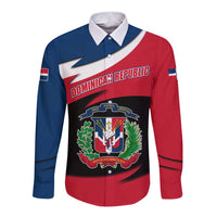 Dominican Republic Flag Long Sleeve Button Shirt with Map National Coat of Arms Island Silhouette - Wonder Print Shop
