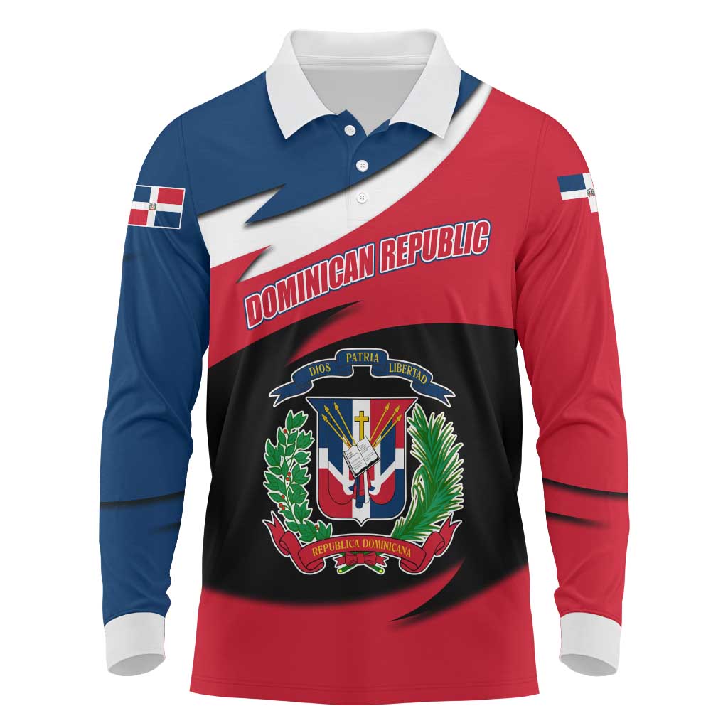 Dominican Republic Flag Long Sleeve Polo Shirt with Map National Coat of Arms Island Silhouette - Wonder Print Shop