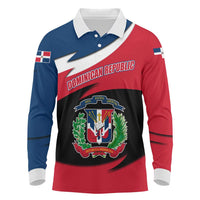 Dominican Republic Flag Long Sleeve Polo Shirt with Map National Coat of Arms Island Silhouette - Wonder Print Shop