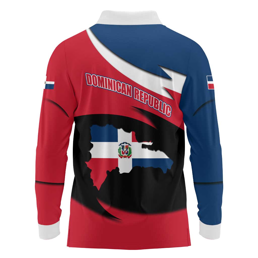 Dominican Republic Flag Long Sleeve Polo Shirt with Map National Coat of Arms Island Silhouette - Wonder Print Shop