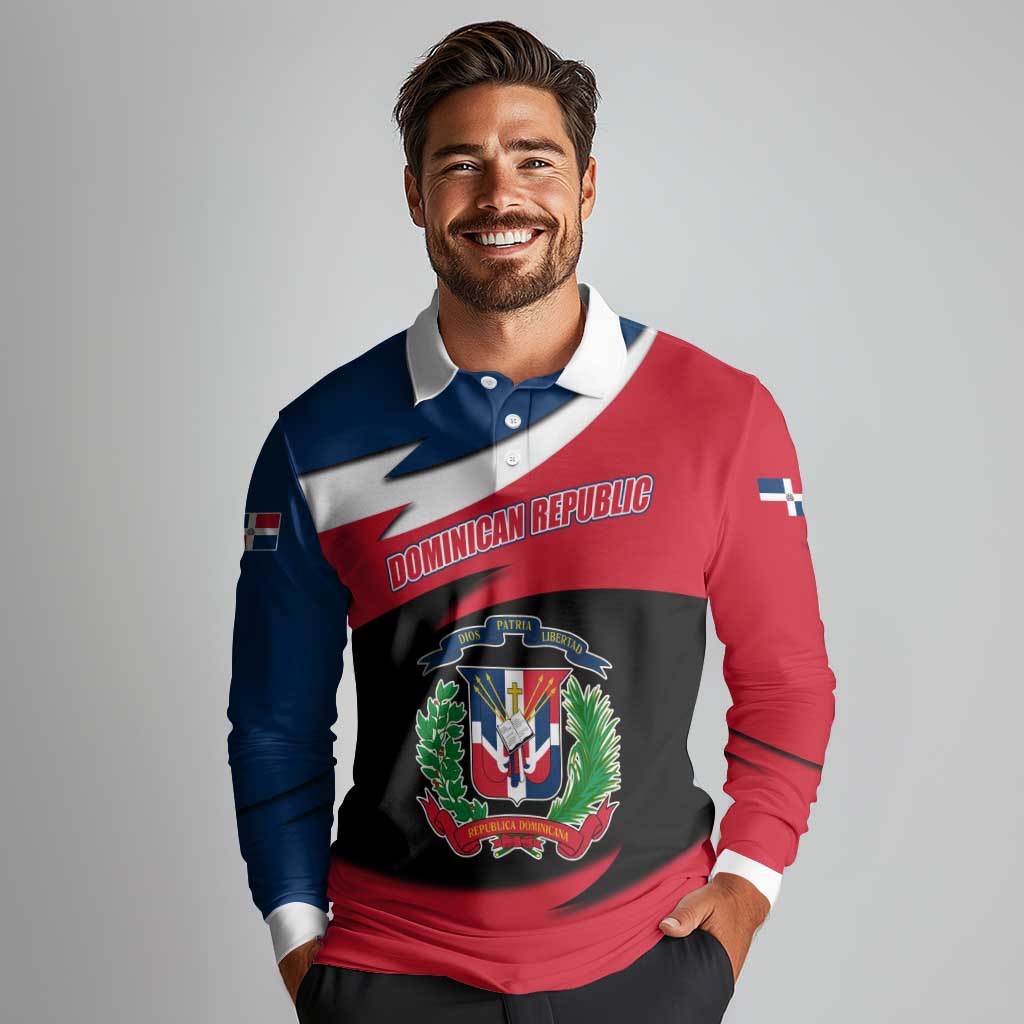 Dominican Republic Flag Long Sleeve Polo Shirt with Map National Coat of Arms Island Silhouette - Wonder Print Shop