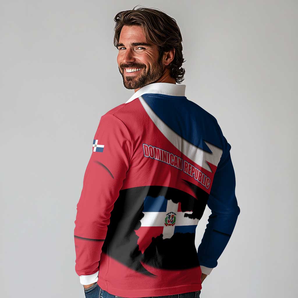 Dominican Republic Flag Long Sleeve Polo Shirt with Map National Coat of Arms Island Silhouette - Wonder Print Shop