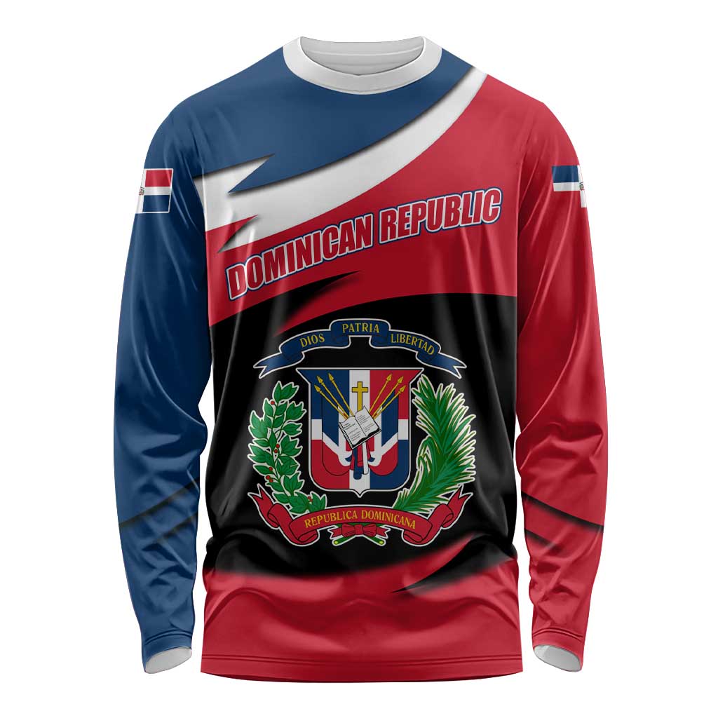 Dominican Republic Flag Long Sleeve Shirt with Map National Coat of Arms Island Silhouette - Wonder Print Shop