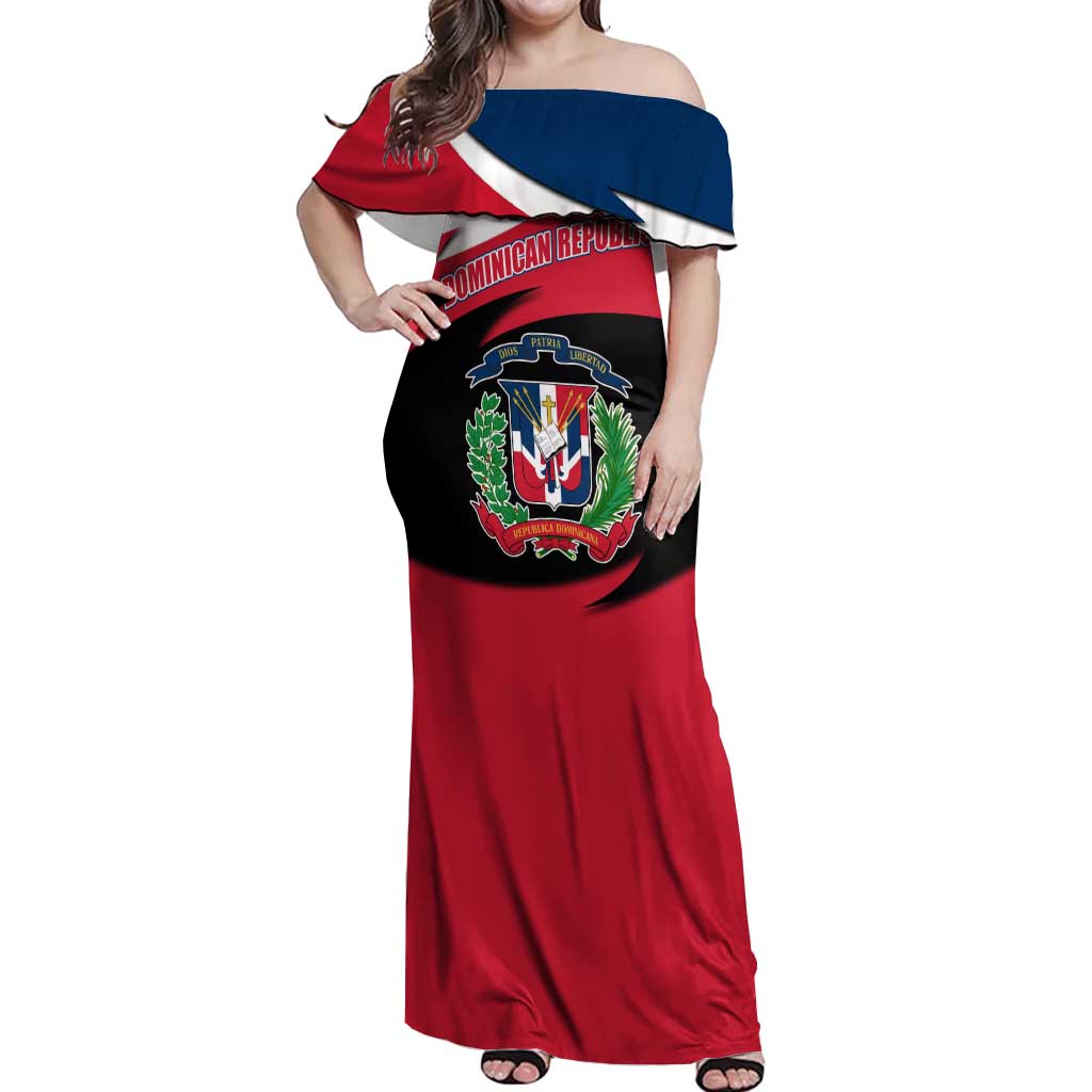 Dominican Republic Flag Off Shoulder Maxi Dress with Map National Coat of Arms Island Silhouette - Wonder Print Shop
