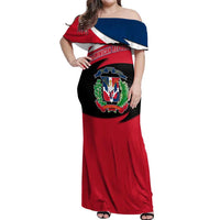 Dominican Republic Flag Off Shoulder Maxi Dress with Map National Coat of Arms Island Silhouette - Wonder Print Shop