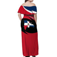 Dominican Republic Flag Off Shoulder Maxi Dress with Map National Coat of Arms Island Silhouette - Wonder Print Shop