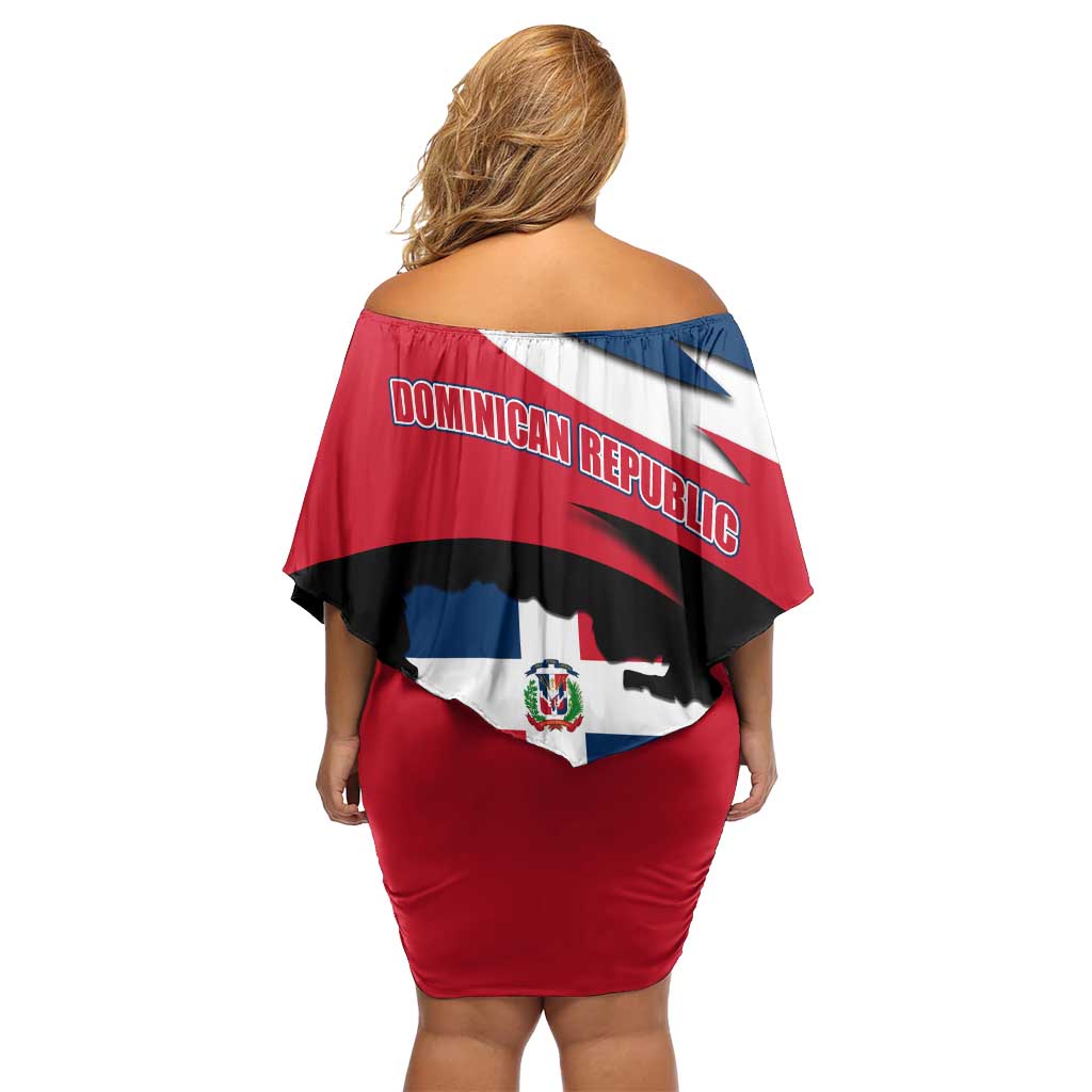 Dominican Republic Flag Off Shoulder Short Dress with Map National Coat of Arms Island Silhouette - Wonder Print Shop