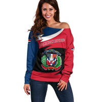 Dominican Republic Flag Off Shoulder Sweater with Map National Coat of Arms Island Silhouette - Wonder Print Shop
