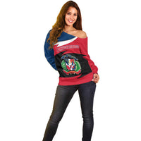 Dominican Republic Flag Off Shoulder Sweater with Map National Coat of Arms Island Silhouette - Wonder Print Shop