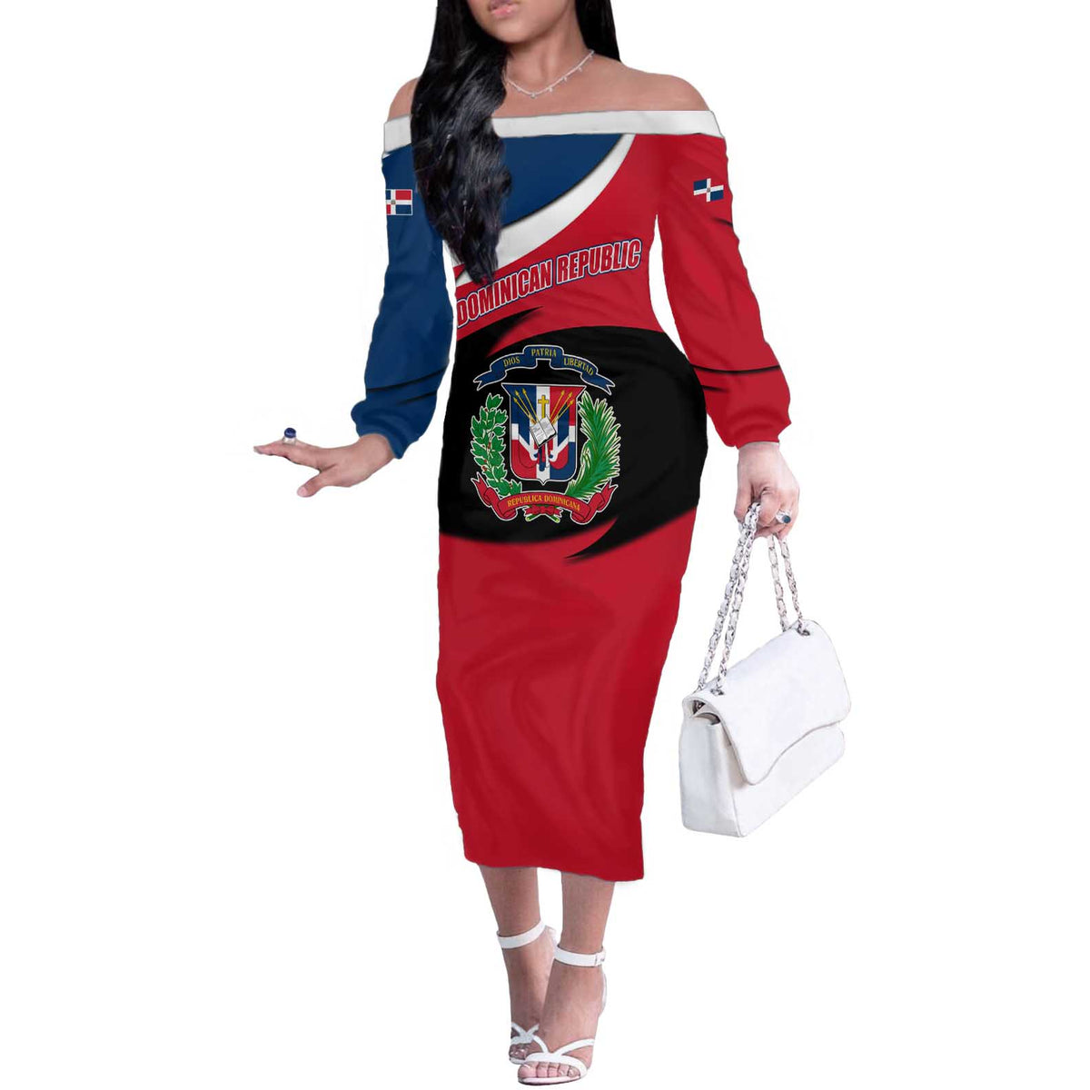 Dominican Republic Flag Off The Shoulder Long Sleeve Dress with Map National Coat of Arms Island Silhouette - Wonder Print Shop