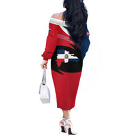 Dominican Republic Flag Off The Shoulder Long Sleeve Dress with Map National Coat of Arms Island Silhouette - Wonder Print Shop