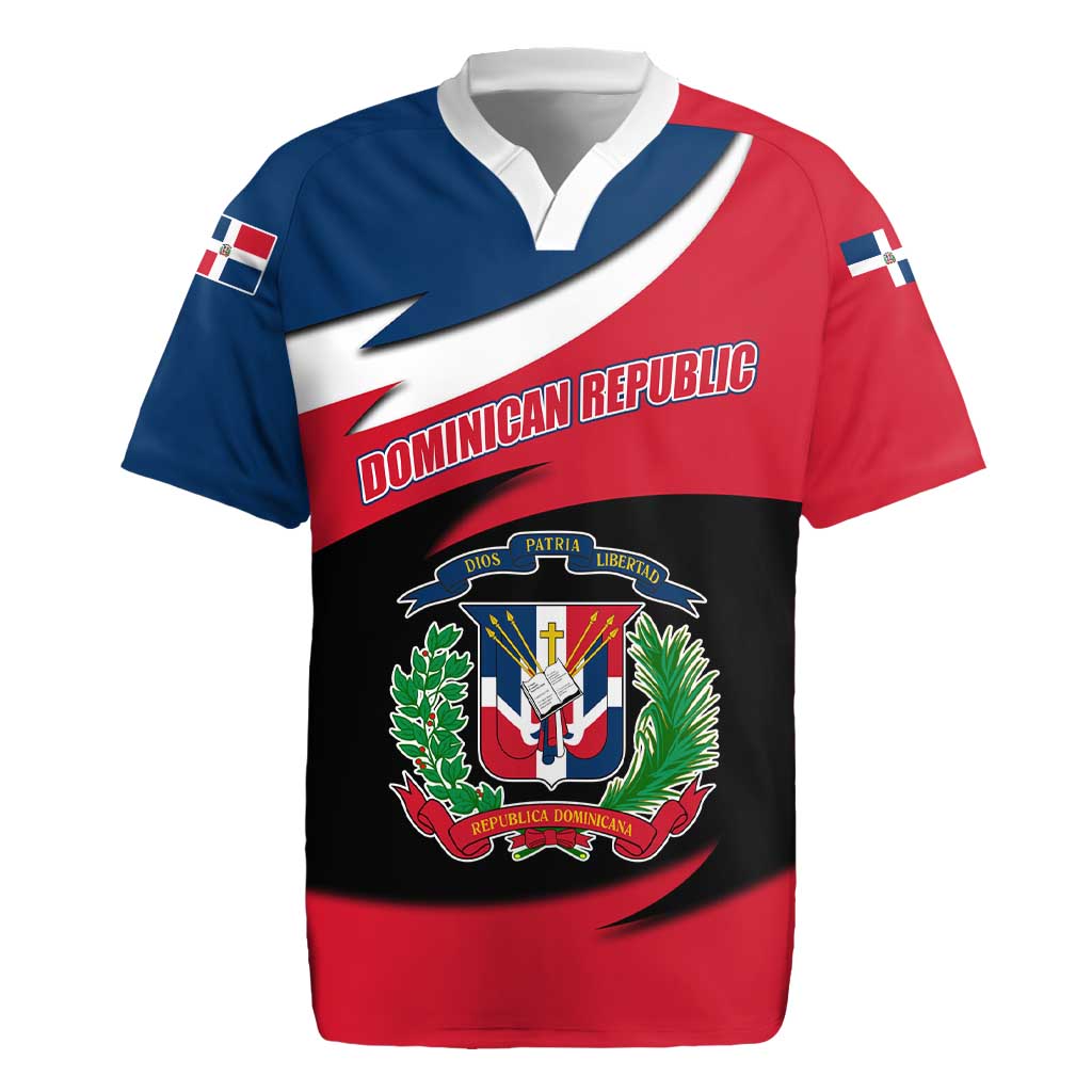 Dominican Republic Flag Rugby Jersey with Map National Coat of Arms Island Silhouette - Wonder Print Shop