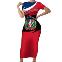 Dominican Republic Flag Short Sleeve Bodycon Dress with Map National Coat of Arms Island Silhouette - Wonder Print Shop