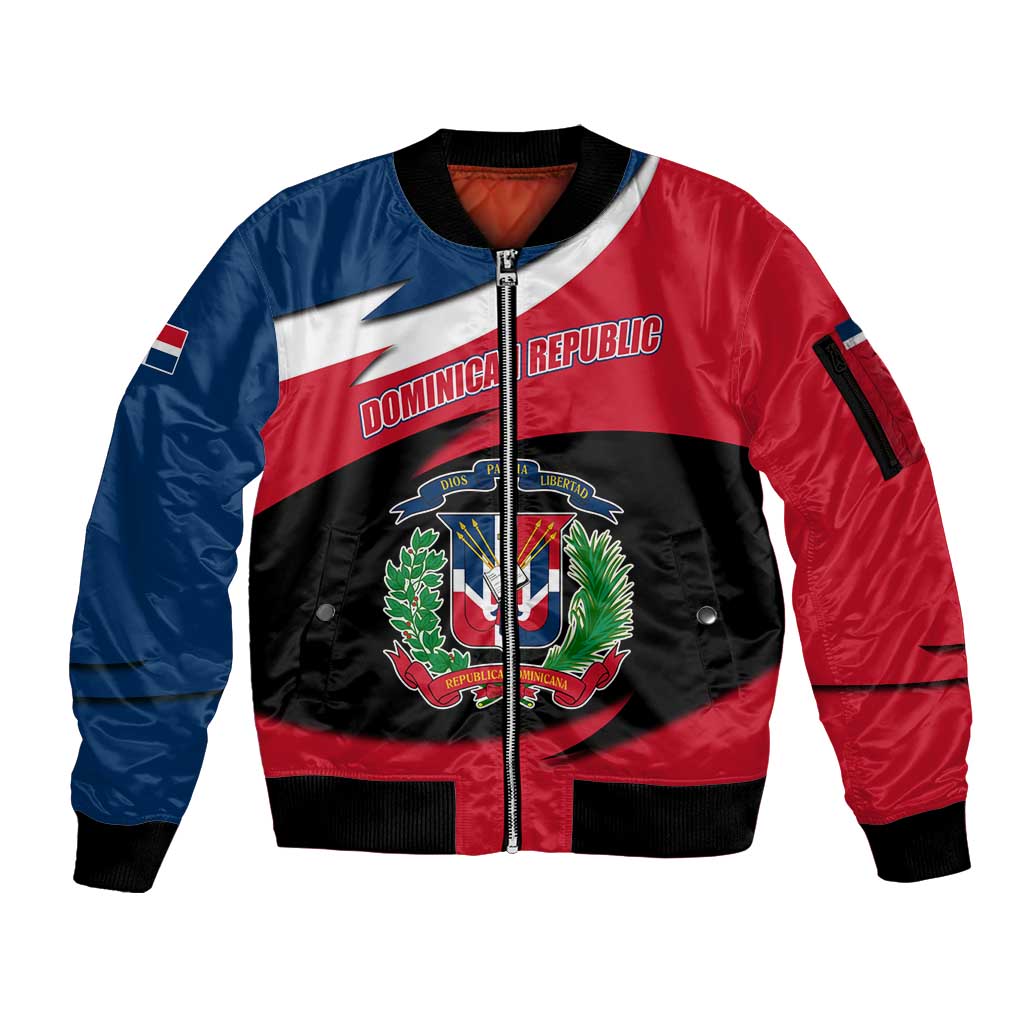 Dominican Republic Flag Sleeve Zip Bomber Jacket with Map National Coat of Arms Island Silhouette - Wonder Print Shop