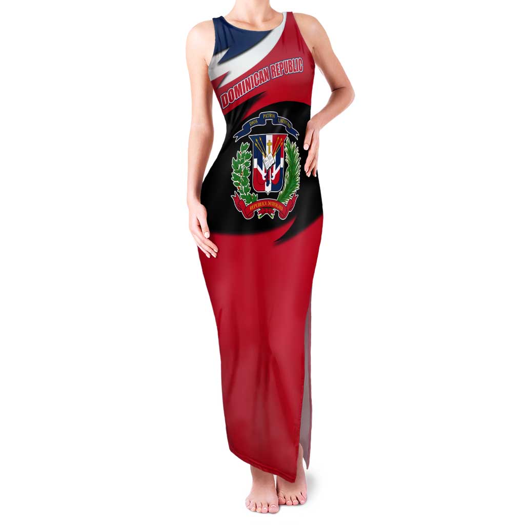 Dominican Republic Flag Tank Maxi Dress with Map National Coat of Arms Island Silhouette - Wonder Print Shop