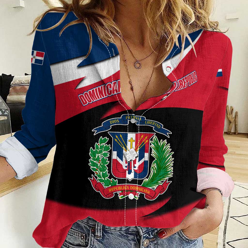 Dominican Republic Flag Women Casual Shirt with Map National Coat of Arms Island Silhouette - Wonder Print Shop