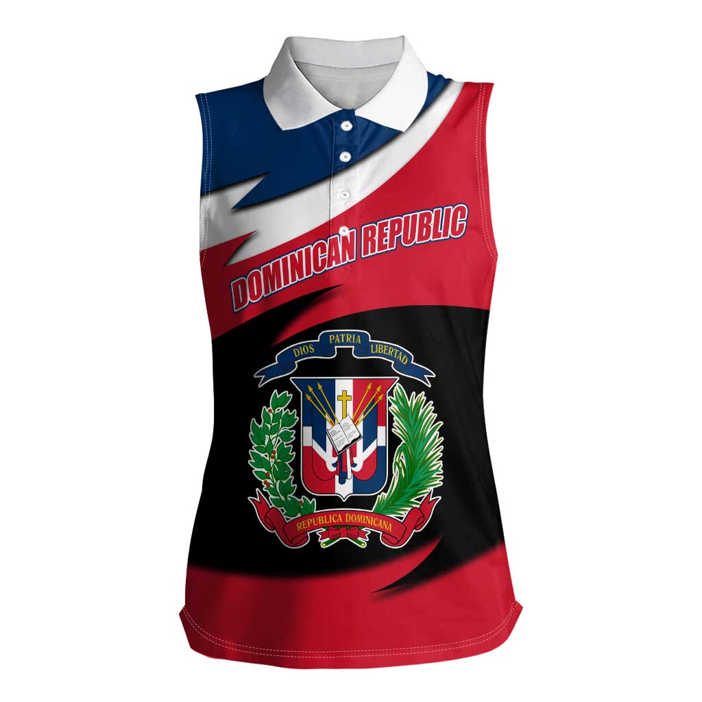 Dominican Republic Flag Women Sleeveless Polo Shirt with Map National Coat of Arms Island Silhouette - Wonder Print Shop