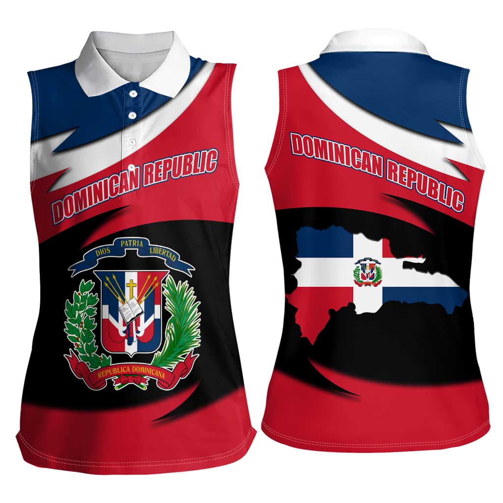 Dominican Republic Flag Women Sleeveless Polo Shirt with Map National Coat of Arms Island Silhouette - Wonder Print Shop