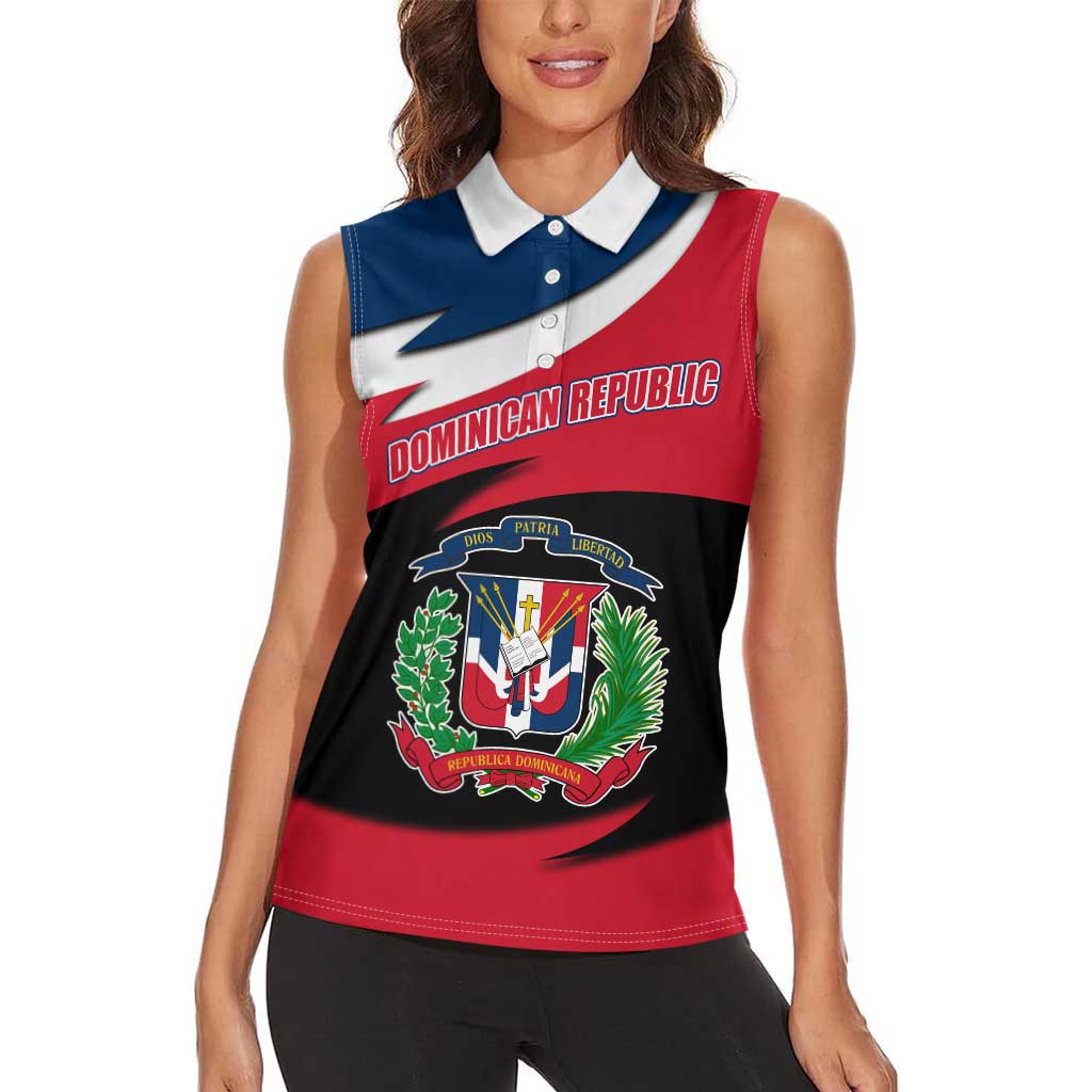 Dominican Republic Flag Women Sleeveless Polo Shirt with Map National Coat of Arms Island Silhouette - Wonder Print Shop