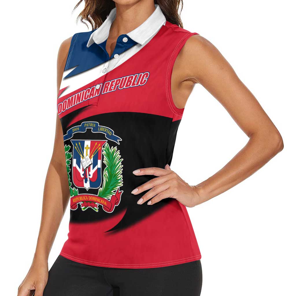 Dominican Republic Flag Women Sleeveless Polo Shirt with Map National Coat of Arms Island Silhouette - Wonder Print Shop
