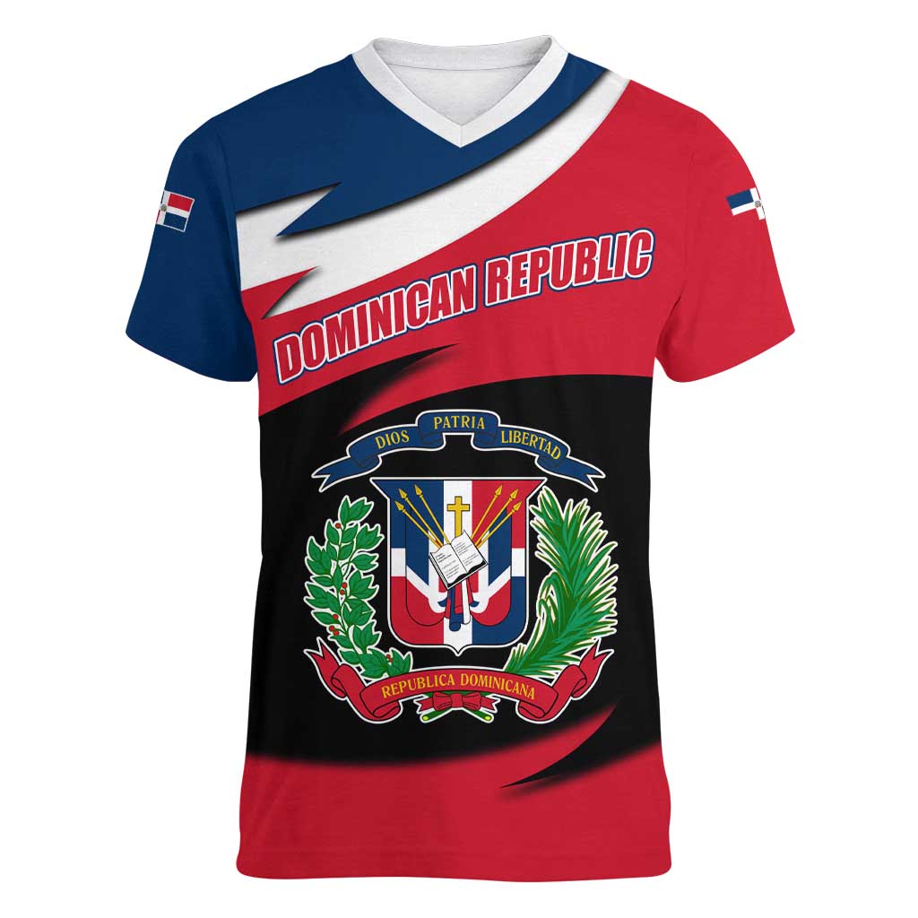 Dominican Republic Flag Women V-Neck T-Shirt with Map National Coat of Arms Island Silhouette - Wonder Print Shop