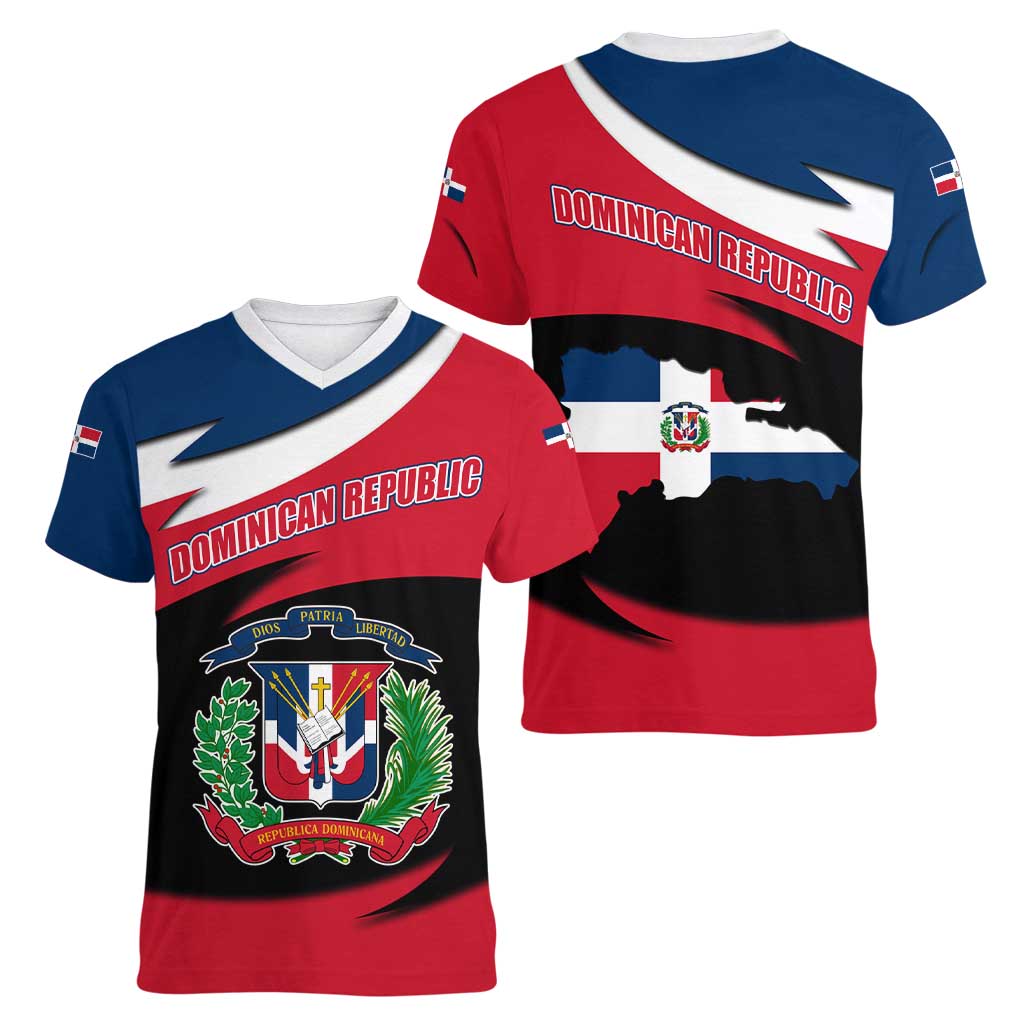 Dominican Republic Flag Women V-Neck T-Shirt with Map National Coat of Arms Island Silhouette - Wonder Print Shop
