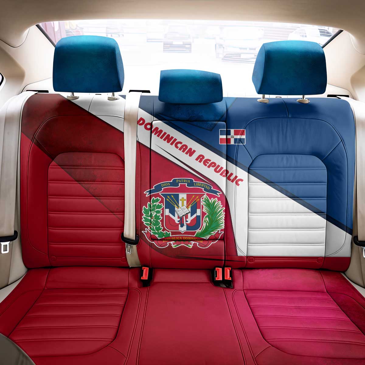 Dominican Republic Flag Back Car Seat Cover with Map National Coat of Arms Island Silhouette - Wonder Print Shop