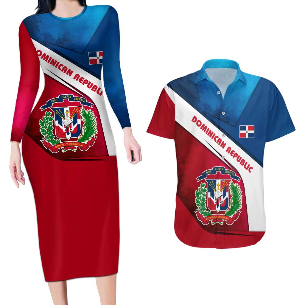 Dominican Republic Flag Couples Matching Long Sleeve Bodycon Dress and Hawaiian Shirt with Map National Coat of Arms Island Silhouette - Wonder Print Shop