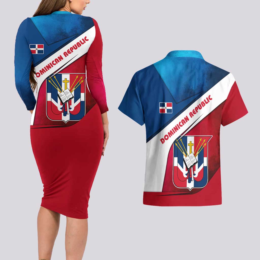 Dominican Republic Flag Couples Matching Long Sleeve Bodycon Dress and Hawaiian Shirt with Map National Coat of Arms Island Silhouette - Wonder Print Shop