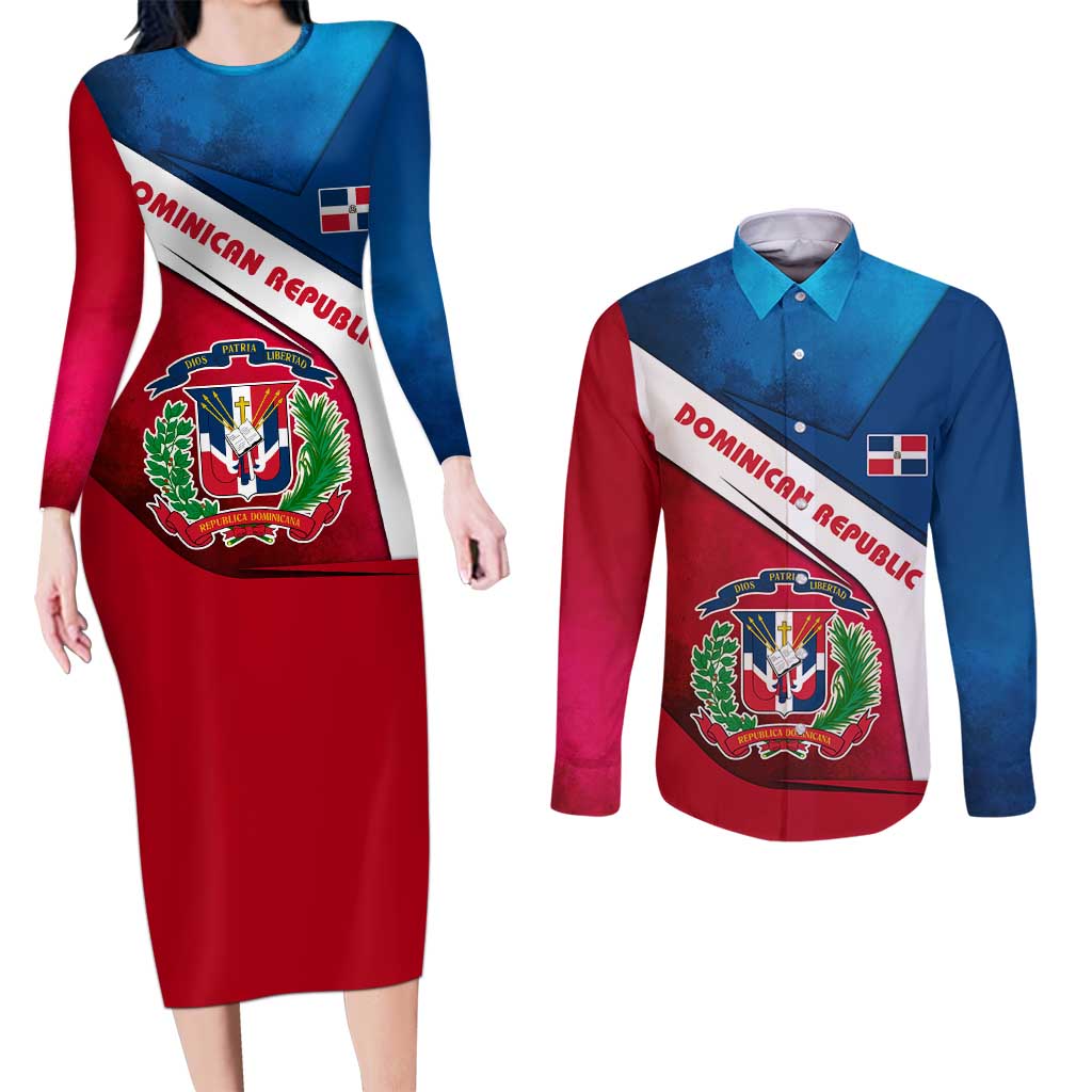 Dominican Republic Flag Couples Matching Long Sleeve Bodycon Dress and Long Sleeve Button Shirt with Map National Coat of Arms Island Silhouette - Wonder Print Shop