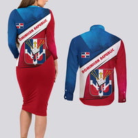 Dominican Republic Flag Couples Matching Long Sleeve Bodycon Dress and Long Sleeve Button Shirt with Map National Coat of Arms Island Silhouette - Wonder Print Shop