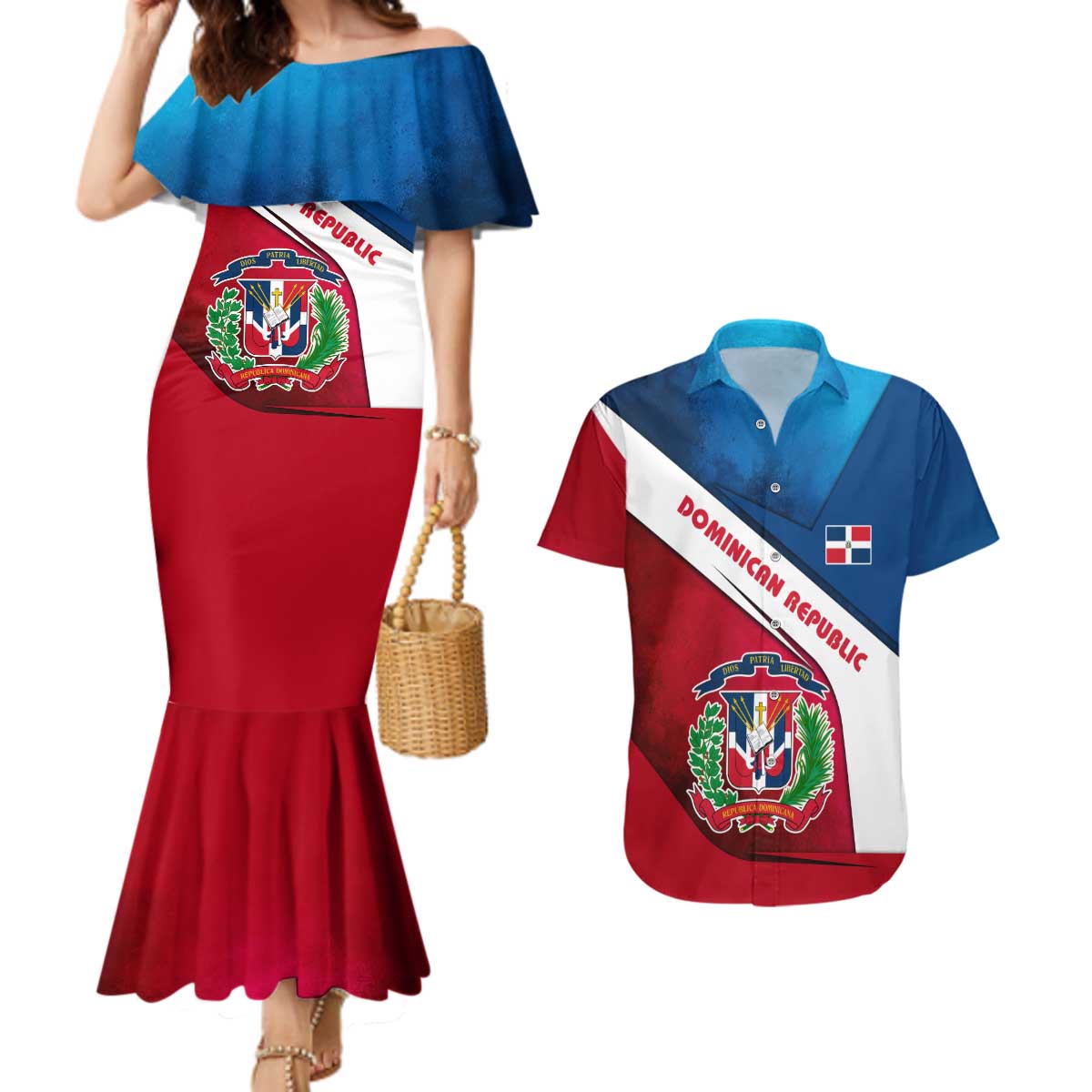 Dominican Republic Flag Couples Matching Mermaid Dress and Hawaiian Shirt with Map National Coat of Arms Island Silhouette - Wonder Print Shop