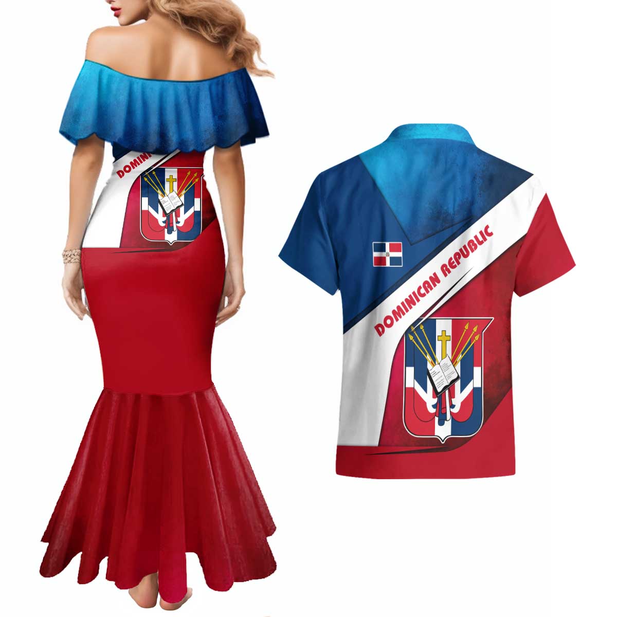 Dominican Republic Flag Couples Matching Mermaid Dress and Hawaiian Shirt with Map National Coat of Arms Island Silhouette - Wonder Print Shop