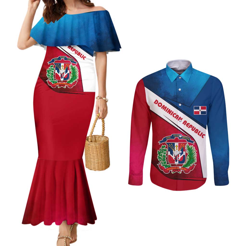 Dominican Republic Flag Couples Matching Mermaid Dress and Long Sleeve Button Shirt with Map National Coat of Arms Island Silhouette - Wonder Print Shop