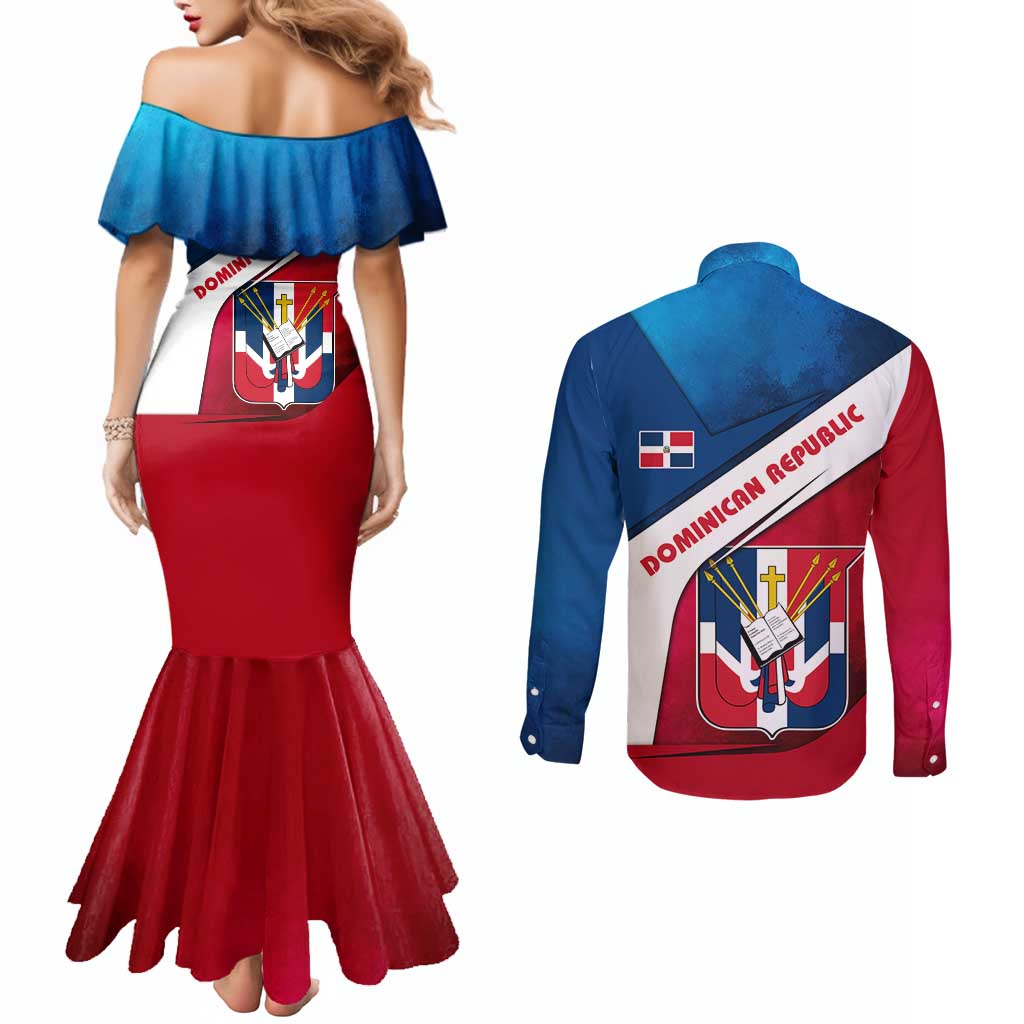 Dominican Republic Flag Couples Matching Mermaid Dress and Long Sleeve Button Shirt with Map National Coat of Arms Island Silhouette - Wonder Print Shop